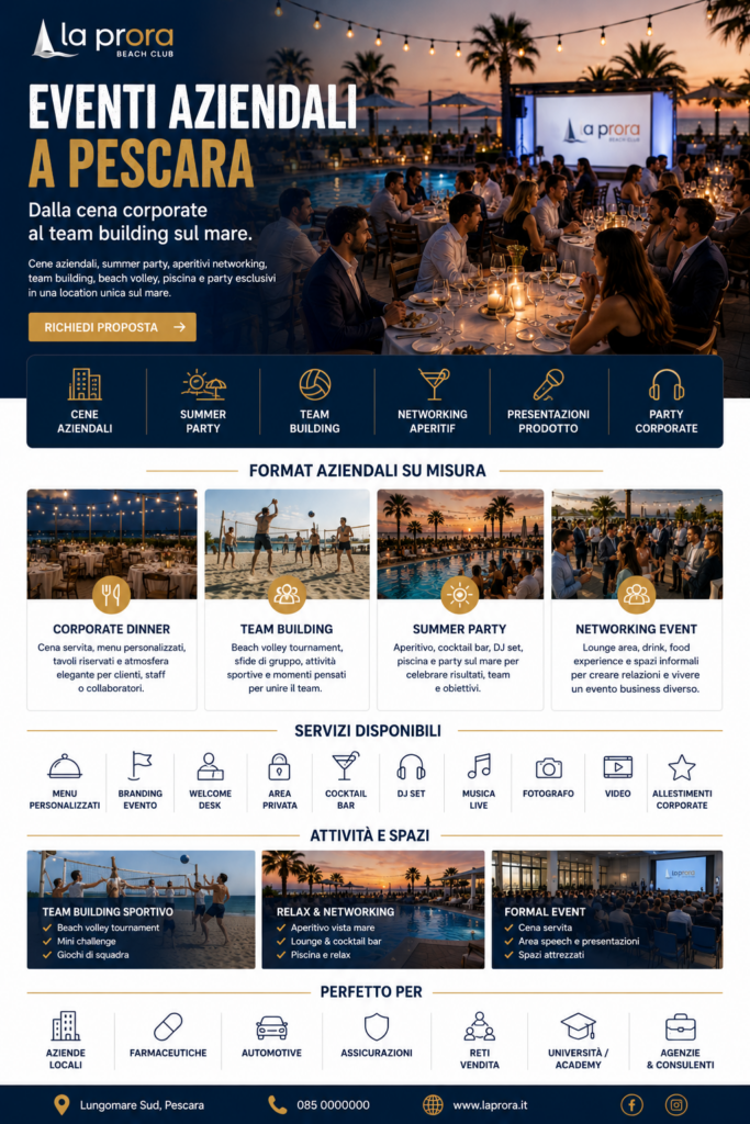 ✅ eventi aziendali pescara
✅ team building pescara
✅ cena aziendale pescara
✅ summer party pescara
✅ corporate event pescara