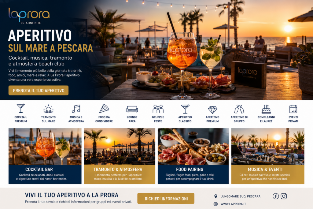 Aperitivo sul mare La Prora Pescara
Cocktail bar La Prora Pescara
Aperitivo vista mare a Pescara
Sunset aperitivo beach club Pescara